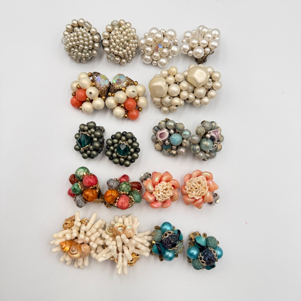 Vtg Japan Hong Kong Beaded Cluster Earrings‎ Lot 10 pairs Costume Jewelry Clip